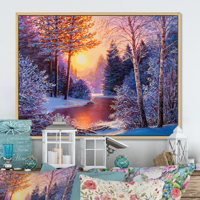 Winter River Canvas Wall Art, Sunset Snow Landscape Print - Sunset On Winter River II