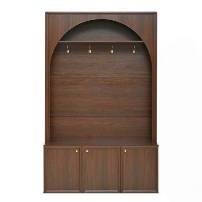 Farmhouse All-In-One Hall Tree With Adjustable Shelves, Retro Arched Entryway Storage Bench With 3 Cabinets, Wooden Coat Rack Organizer With 4 Golden Hooks For Mudroom, Hallway