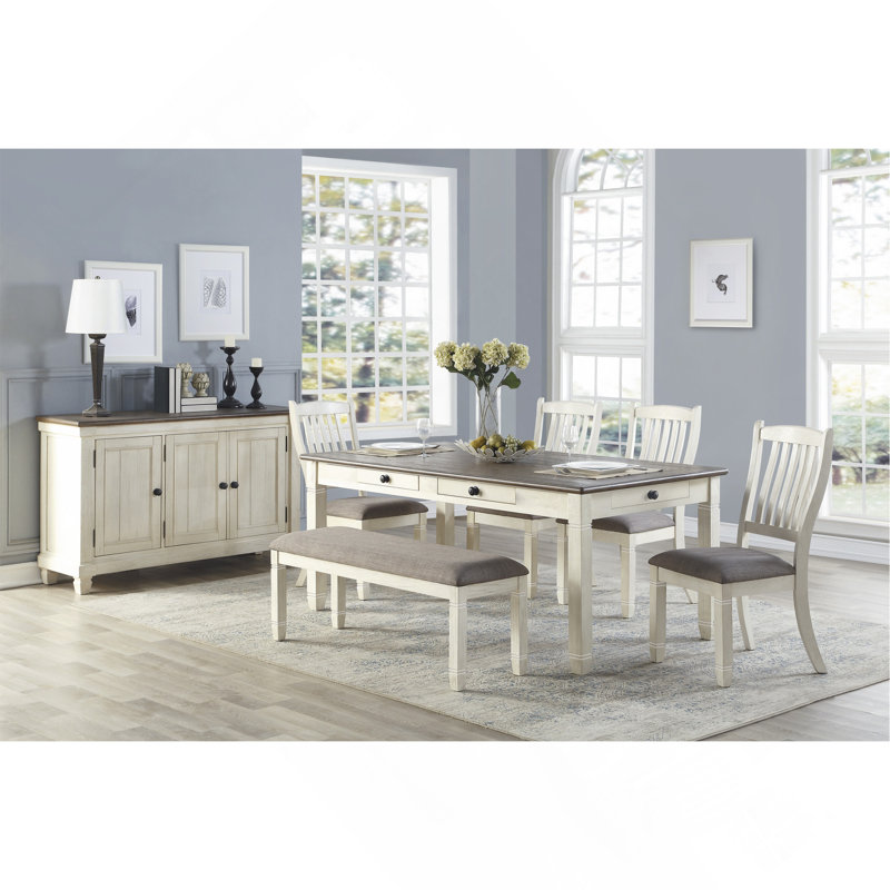 Table de salle à manger à finition antique blanc et brun 1 pièce avec 6 tiroirs de rangement
