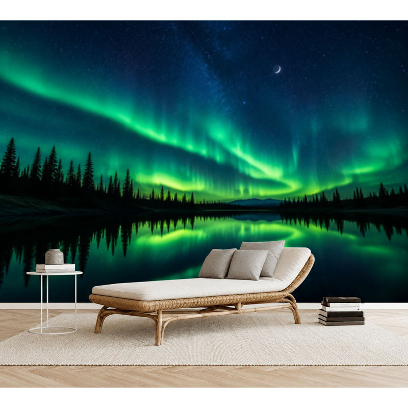 Papier peint adhésif mural Aurora Northern Lights Lake Trees, L 69 po x l 96 po