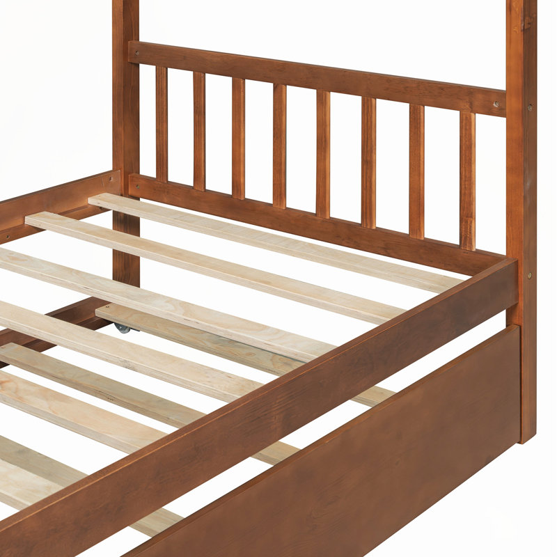 Lit simple en bois avec lit gigogne simple, noyer, Noyer, Simple