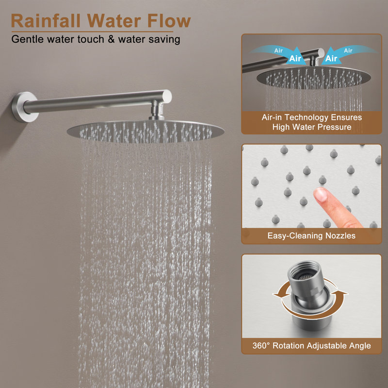 Thermostatic Rainfall Shower System with Rough in-Valve and Shower Body Spray, Brushed Nickel