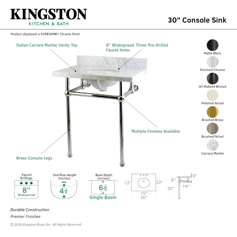 Kingston Brass Templeton 30-Inch Vanity Top with Brass Legs (8-Inch, 3-Hole), Carrara Marble/Polished Nickel