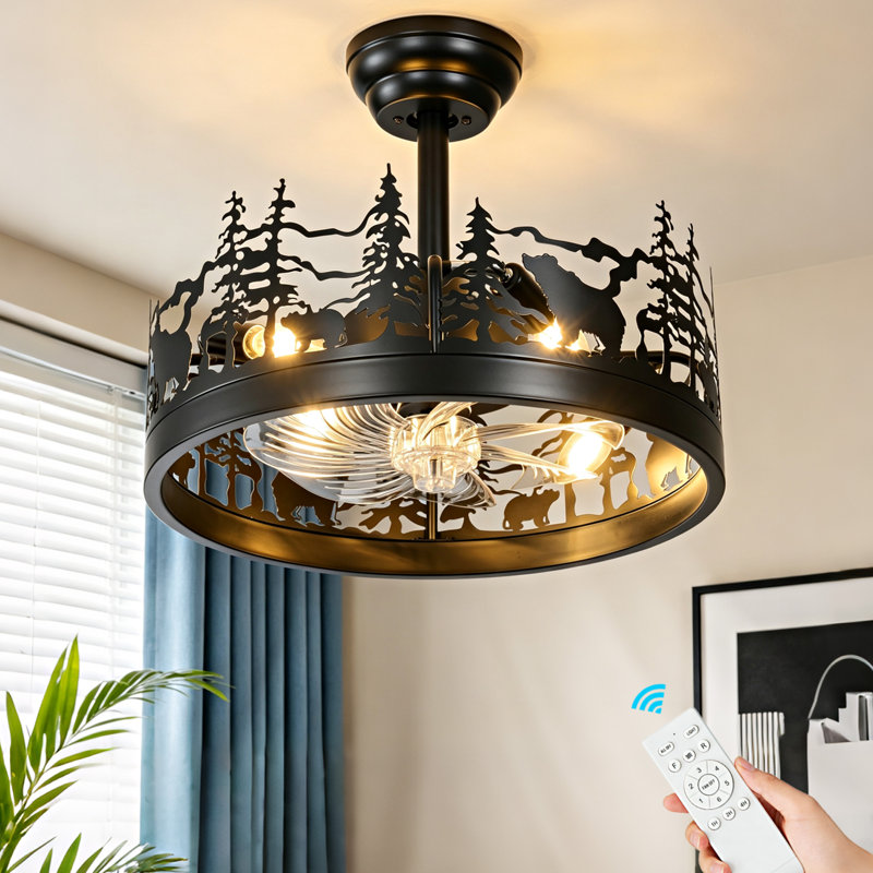Ventilateur de plafond encastré rustique noir de 45 cm (17,7 po) avec éclairage, motif animaux de la forêt, 6 vitesses réversibles et télécommande programmable.