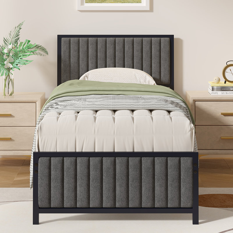 Metal Platform Bed Frame With Upholstered Headboard And Footboard, Heavy Duty Steel Slats Platform Bed, No Box Spring Needed