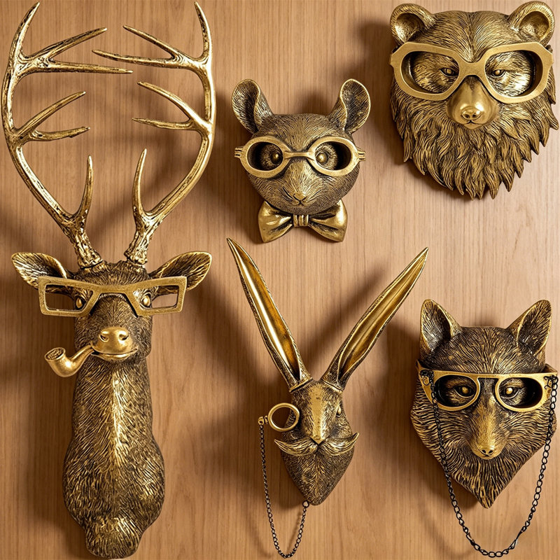 NEW Animal Head Wall Decor 5-Pack, Gold Metal Wall Sculpture Art, Modern Home Office Bedroom Decor For Men Women