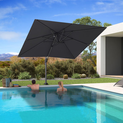 8' X 8' Patio Gray Umbrella with In-ground Base for Pool 7' High Offset Outdoor Cantilever Gray Umbrella Swimming Pool with 360°Rotation for Poolside