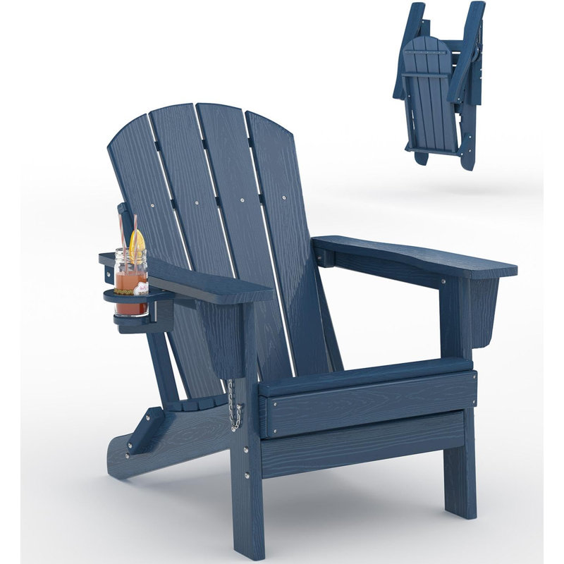 All-Weather HDPE Folding Adirondack Chair - Wood Grain Texture, Cup Holder, Collapsible & Durable, Outdoor Patio Seating for Deck, Garden, Lawn, Fire Pit (Navy Blue, 1 Piece)