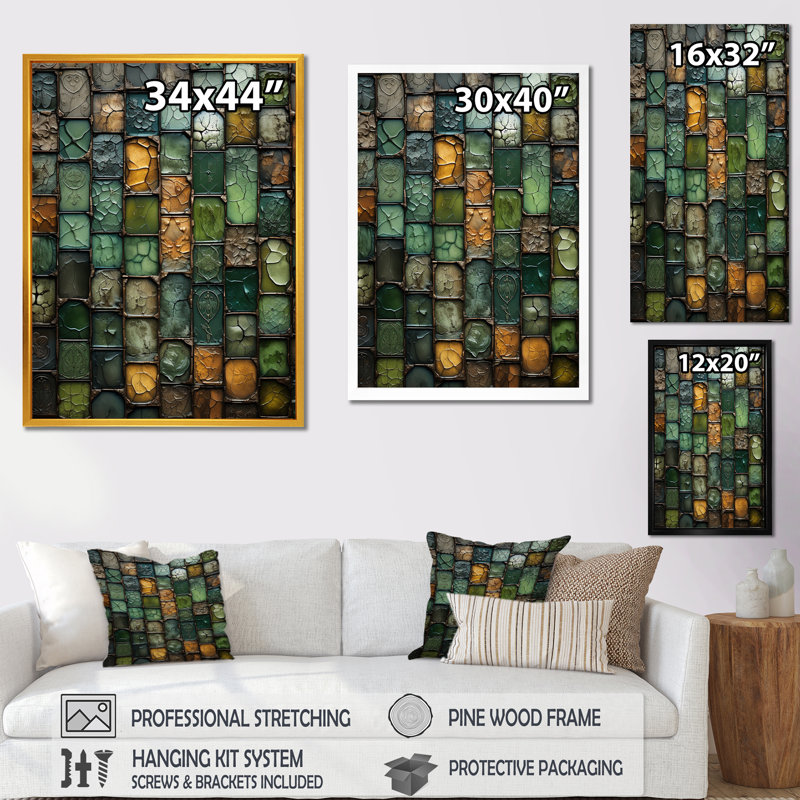 Green Stones Tiles II - Abstract Tile, art mural, Cadre photo noir simple, H 40 po x l 30 po x P 1,5 po