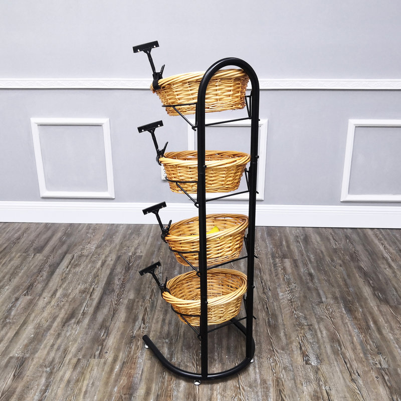 4 Tier Basket Stand, Sign Clips, Wicker Grocery Store Rack Display, Market Basket Rack Kitchen