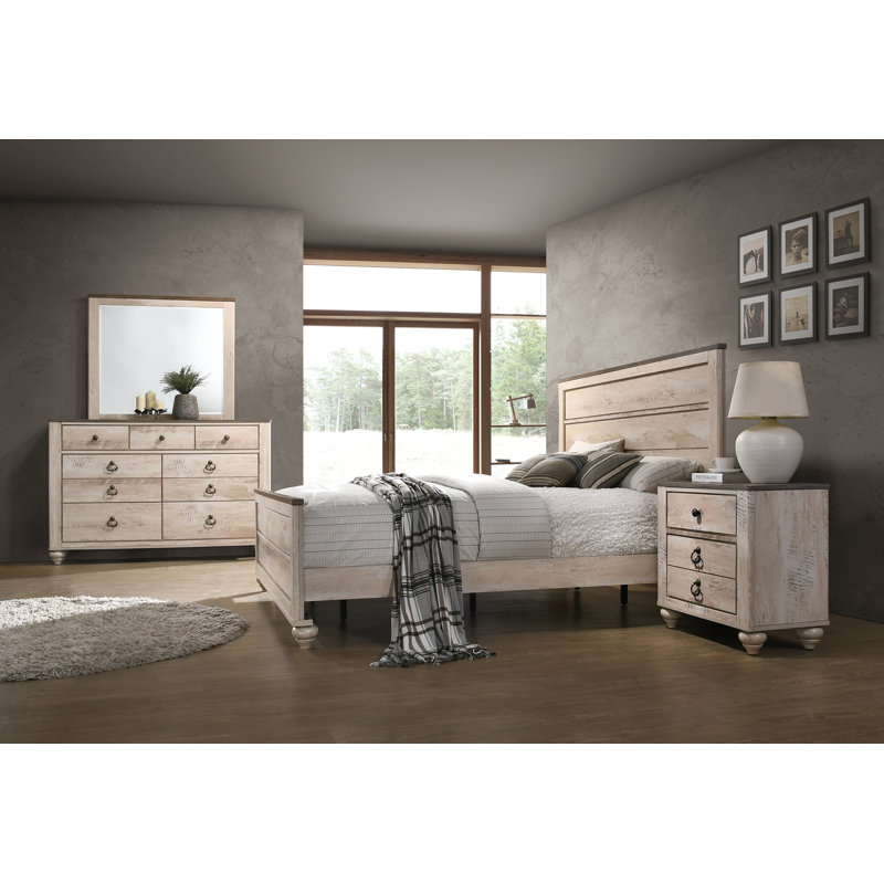 Ensemble de chambre à coucher 4 pièces, lit, commode, miroir, table de chevet Imerland