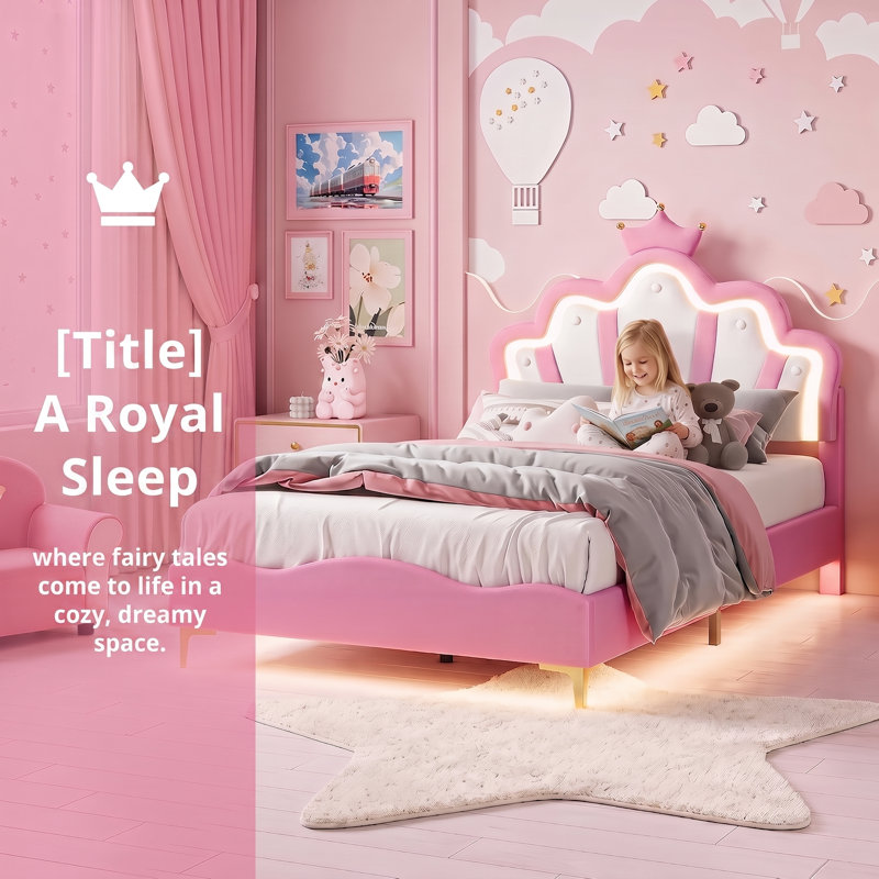Upholstered Princess Bed With LED Crown Headboard, Pink & White Velvet, Pink