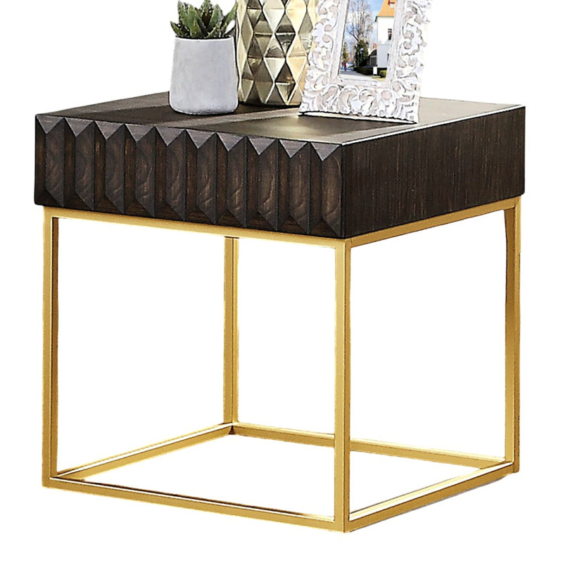 Table de bout de style contemporain, mélange de métal et de bois massif, tiroirs dissimulés, pieds en acier doré, finition noyer, glissières de roulement, bordure de table texturée - bord de table de 23 po x 23 po x 24 po de profondeur, largeur de 24 po