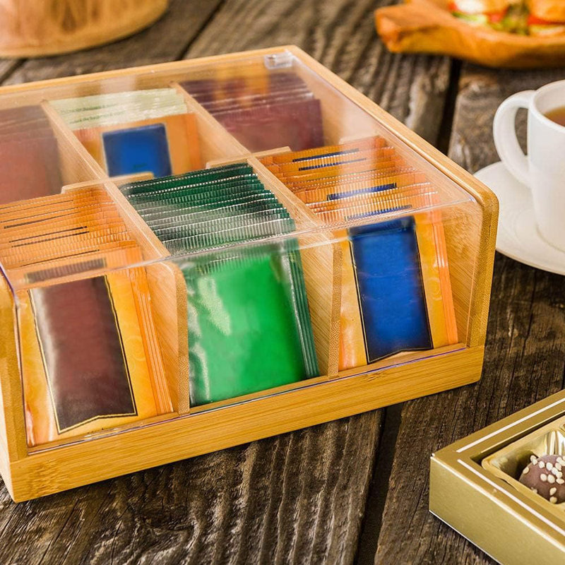 Organisateur de thé en bambou - 6 compartiments, avec couvercle en plastique - 8 1/2 po x 8 po x 3 1/2 po - 1 boîte