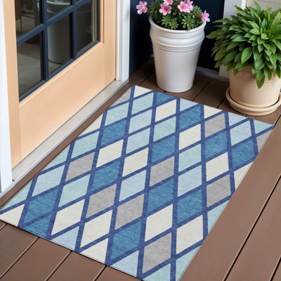 Tapis intérieur / extérieur lavable 3 pi x 5 pi bleu ciel, bleu ciel et ivoire