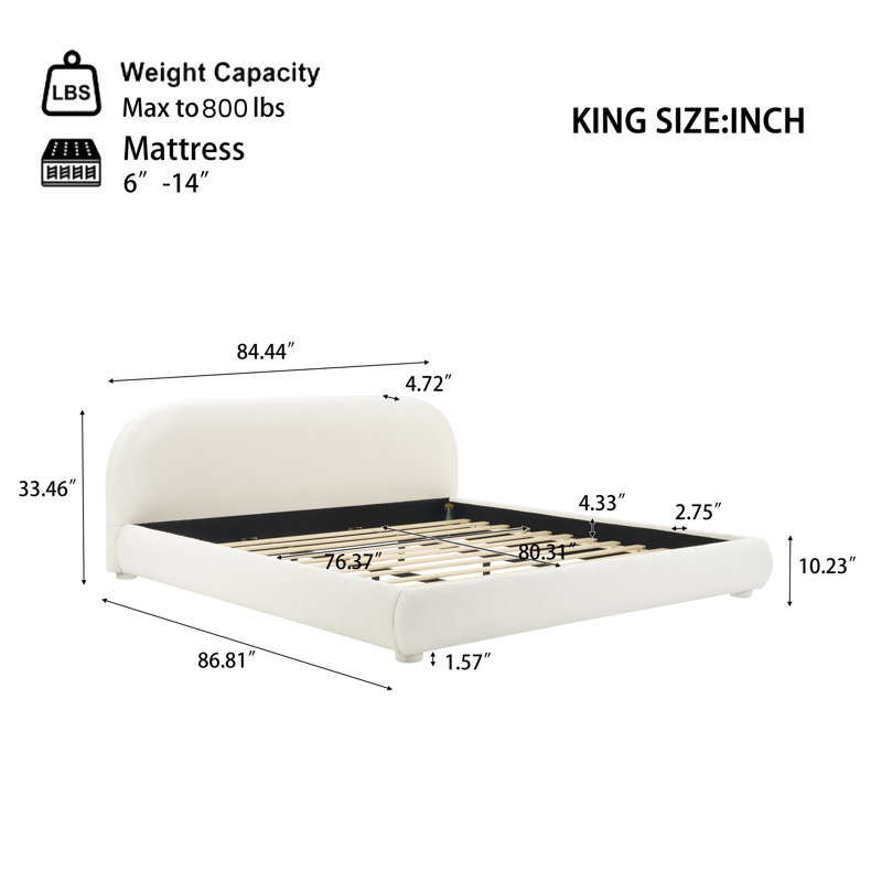 Très grand lit Boucle avec tête de lit incurvée - Structure moderne en tissu, Beige, Très grand lit