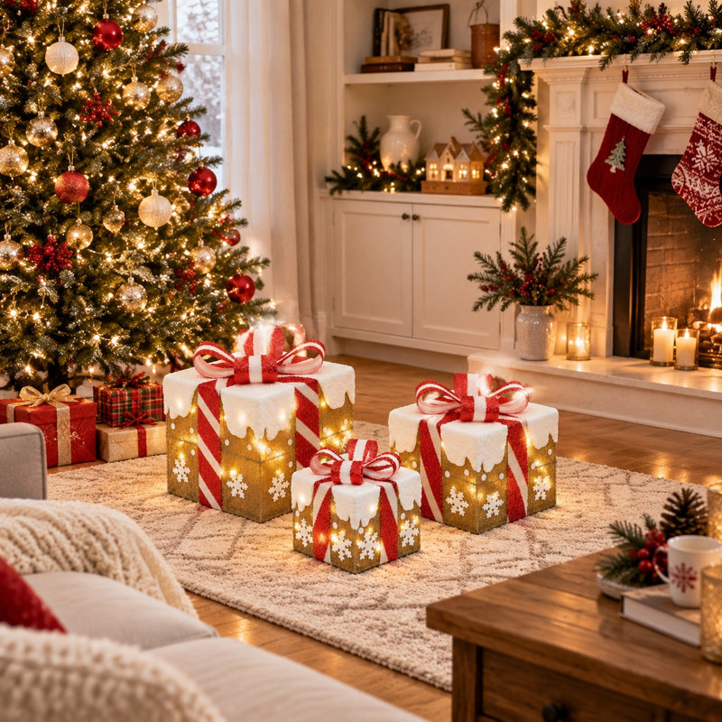 Ensemble de 3 boîtes-cadeaux lumineuses décoratives de Noël avec motif de pain d'épices
