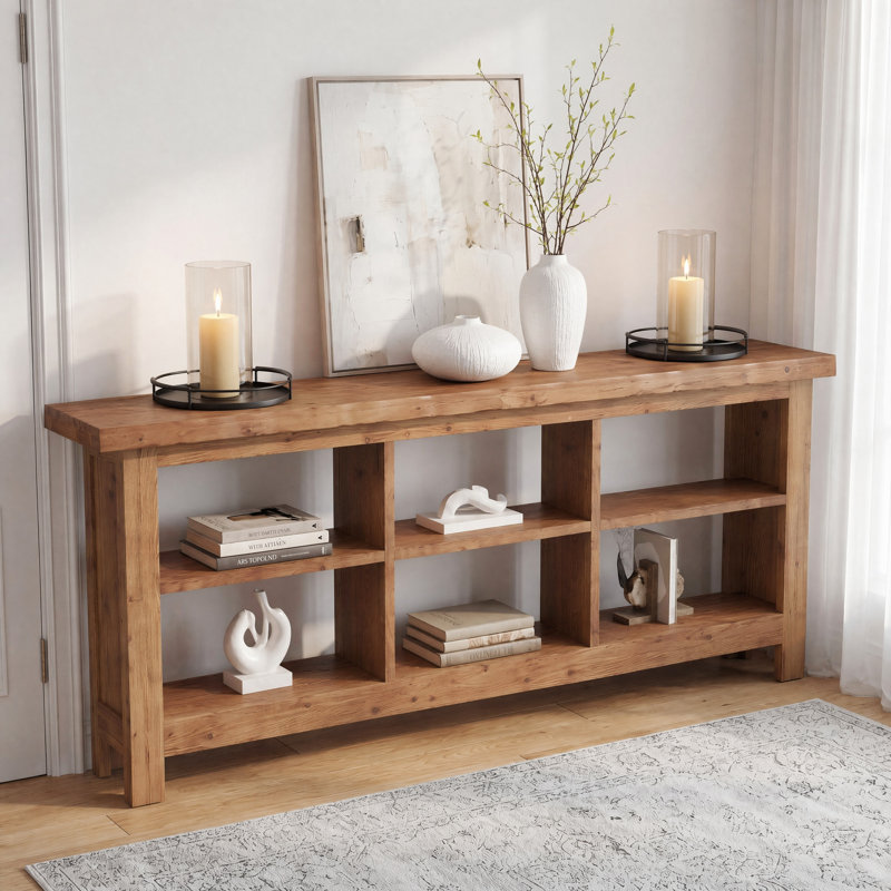 Table console 70,86 "en bois massif avec 6 tablettes de rangement ouvertes, table d'entrée très longue Farm Wavy