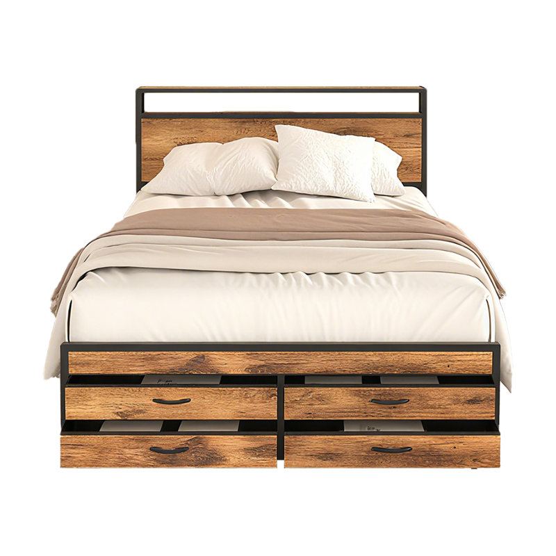 Metal Platform Bed Frame with 8 Storage Drawers, LED Light Headboard & USB Charging Station, Heavy Duty Steel Slat Support, No Box Spring Needed Bedroom Bed Frame