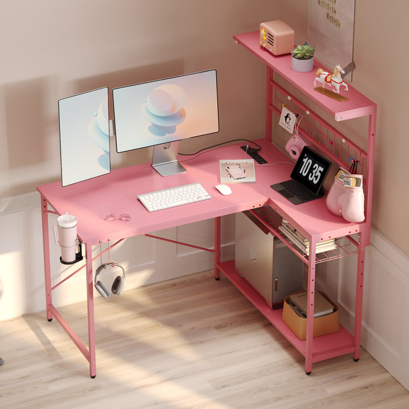 Zabarskaya Gaming Desk, Computer Desk with Power Outlets, LED Lights, Reversible Corner Desk with 4-Tier Shelves,Cup Holder & Hook Carbon Fiber