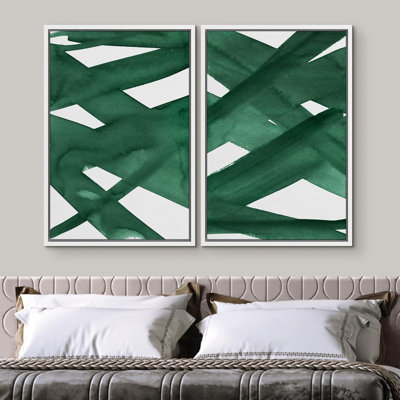 " Intersecting Lines Dark Green Colors Geometric Shapes " 2 - Pieces on Canvas
