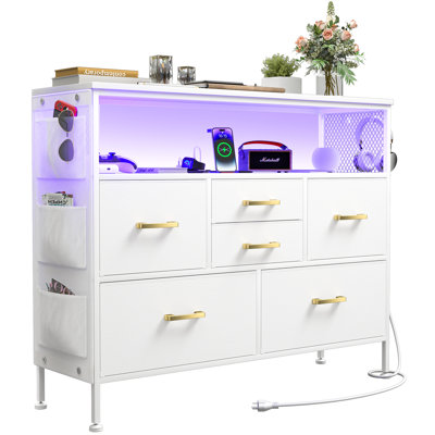 Dresser For Bedroom TV Stand With Power Outlets And LED Light, 6 Drawers Dresser With Side Pockets & Hooks, Wide Dresser With Shelves For 45" TV, Fabr