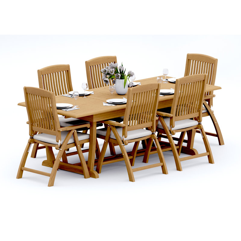 9 Pcs Grade-A Teak Wood Dining Set: 94" Double Extension Mas Rectangle Trestle Leg  Table And 8 Marley Folding Reclining Arm Chairs #11MR2108