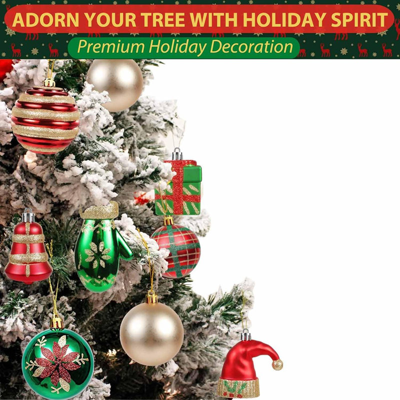 Ensemble de 55 décorations de Noël en forme de boule 55mm - Élégantes décorations suspendues en forme d'arbre de Noël incassable rouge, vert et or