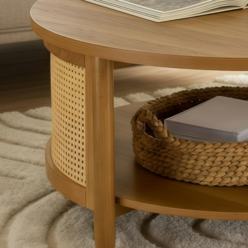 Table basse en osier avec une finition de couleur miel clair