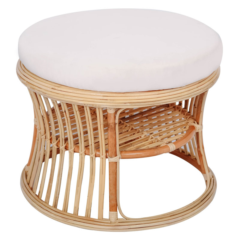 Dallis Natural Rattan and Beige Fabric Pouf