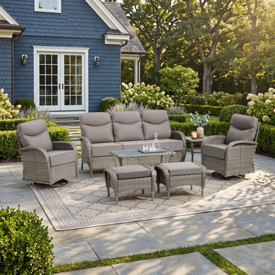 Luxury 7-Piece Outdoor Wicker Patio Conversation Set with Glass Top Coffee Table, Side Table, 6-inch -Thick Cushions, Swivel Rocker Chairs, Cushioned Ottomans for Poolside & Deck