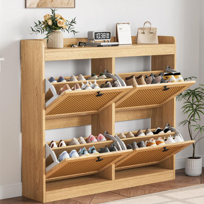 Armoire à chaussures avec 4 tiroirs rabattables, armoire à chaussures en bois avec portes en rotin et tablettes réglables