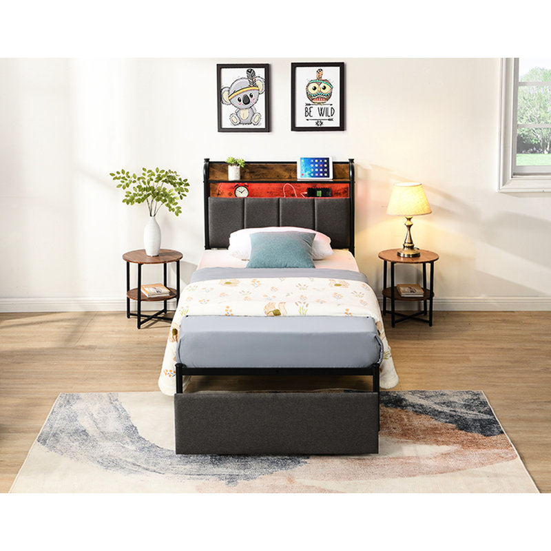 Structure de lit avec prises de recharge et rangement pour tiroirs - commode rembourrée élégante, Lit simple