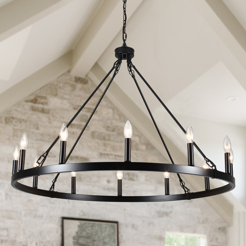 Dineen 12 - Light 38" Wide Candle Style Dimmable Wagon Wheel Chandelier, Matte Black
