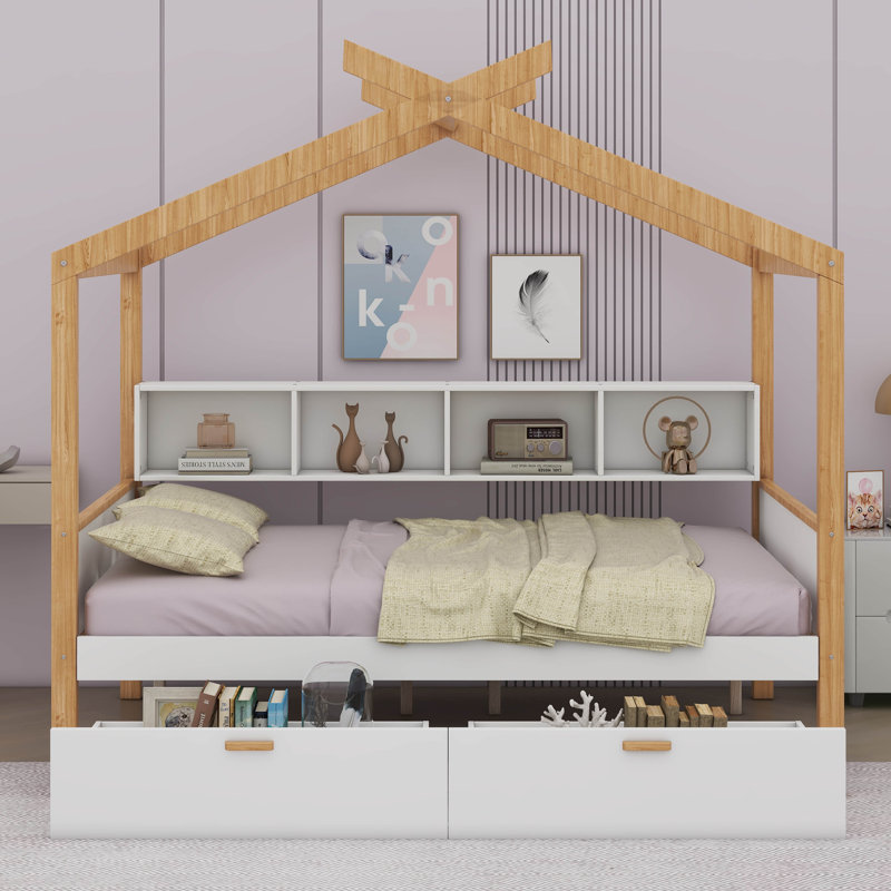 Alajos House Bed  With Two Drawers And Bookshelf Storage Space, Full