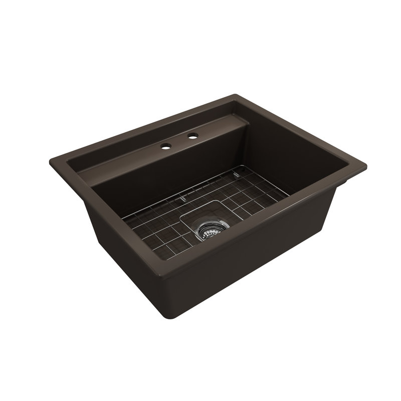 Support double en argile réfractaire 27 po Baveno Uno Évier de cuisine à simple cuve avec accessoires, Brun mat, 2 trous