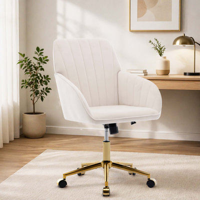 Chaise de bureau verticale pivotante en velours capitonnée, chaise de travail réglable en hauteur avec base en métal plaqué or et accoudoirs courbés intégrés