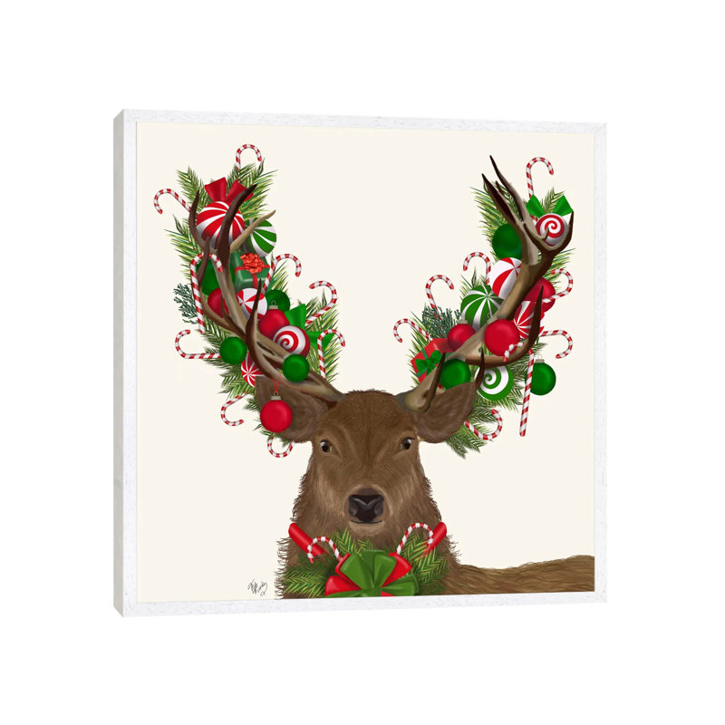 Deer, Candy Cane Wreath by Fab Funky - Painting on Canvas, White Floater Framed, 93.98 cm H x 93.98 cm W