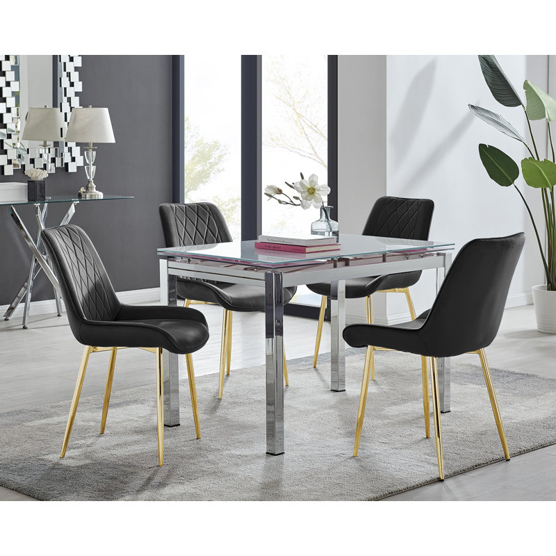 Tierra Modern Glass & Metal Extendable Dining Table Set & 6 Luxury Upholstered Velvet Dining Chairs, Cream/Silver, Black
