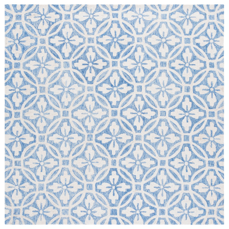Metro 388 Hand Tufted Wool/Cotton Damask Rug in Ivory/Blue, Square 6'