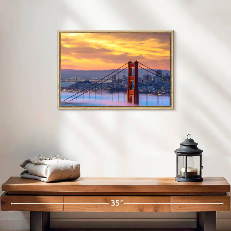 Golden Gate, coucher de soleil sur l'horizon, 19 po x 13 po, Cadre flottant en bois naturel
