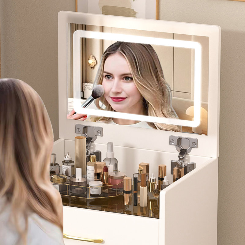 Coiffeuse pour chambre à coucher avec banc moelleux et plateau visible - coiffeuse blanche 3 en 1, tiroirs, rangement spacieux pour les soins de beauté