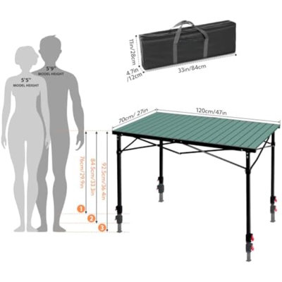Table de camping portative à hauteur réglable pour 2 à 6 personnes | Table de camping pliable en aluminium enroulable avec sac de transport pour pique-nique, camping, véhicule récréatif et voyage, robuste, stable, pouvant supporter 220 lb, vert