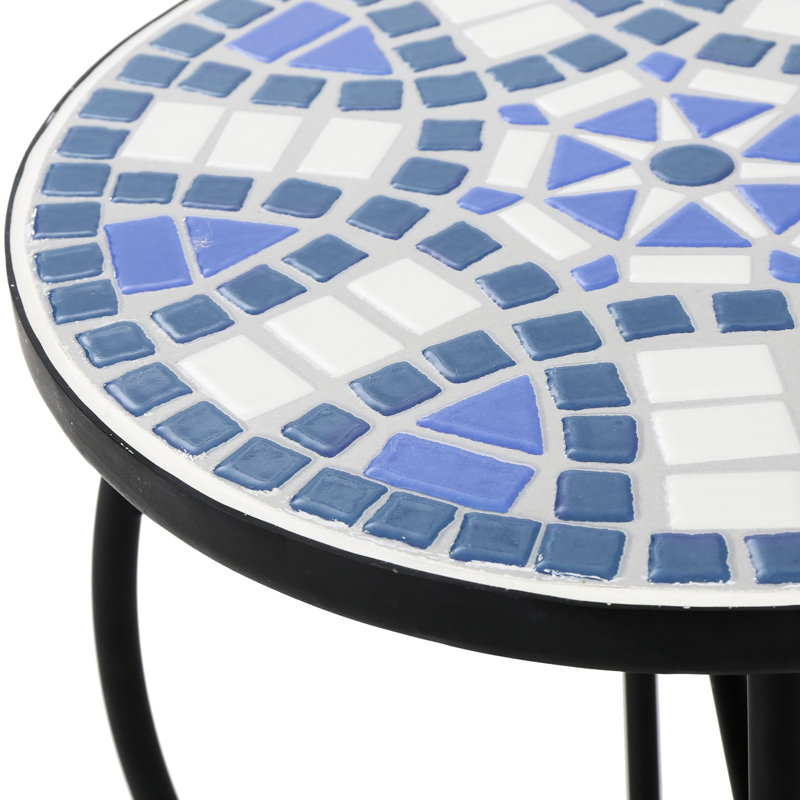 Table de bout d'extérieur élégante avec carrelage: base en fer bleu et blanc en céramique pour patio: carrelage