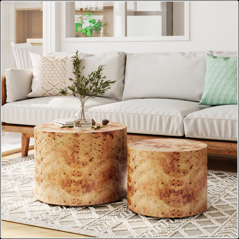Ensemble de 2 tables basses gigognes, tables d'appoint rondes modernes en bois pour petits espaces, design en ronce naturelle