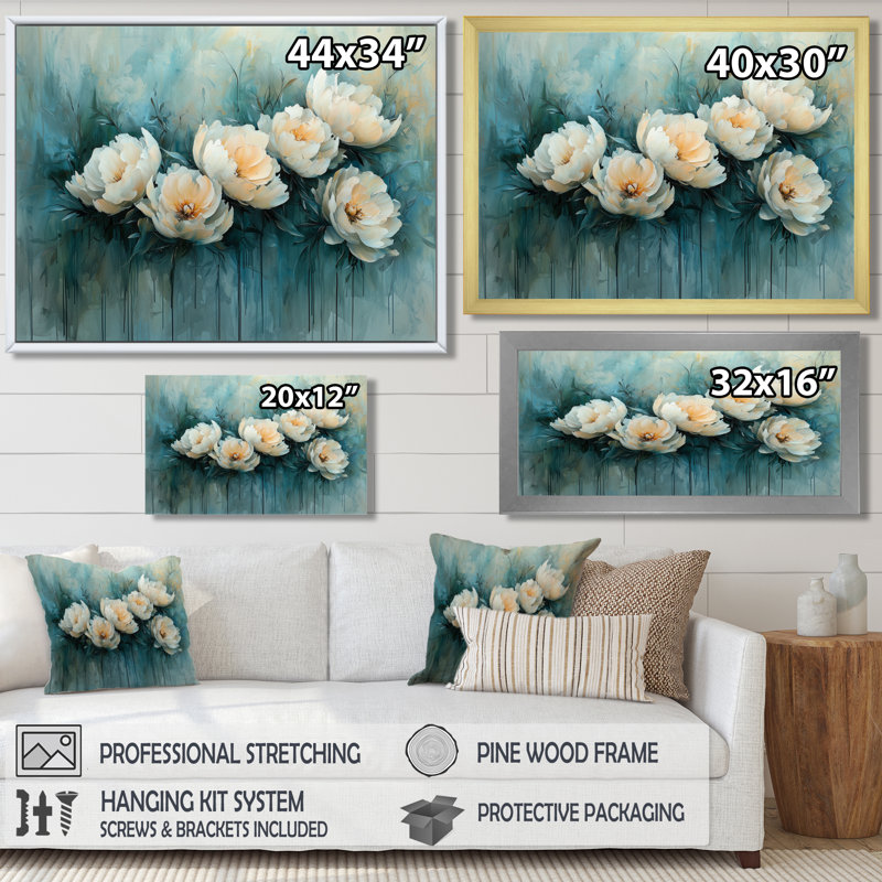 «Winter Blue Watercolor Peony Elegance III», reproduction d'art sur toile encadrée, H 12 po x l 20 po, Cadre simple argenté
