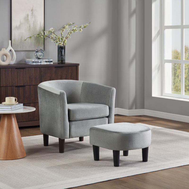 Modern Velvet Accent Chair with Ottoman, Ergonomic Barrel Armchair for Living Room or Bedroom, Plush Comfort & Sturdy Design, Gray