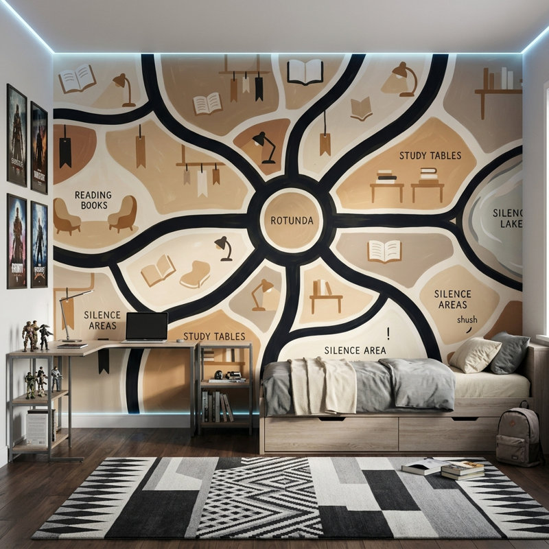 Bibliothèque murale, papier peint, zones d'étude, rotonde, Non tissé, 200 po x 120 po