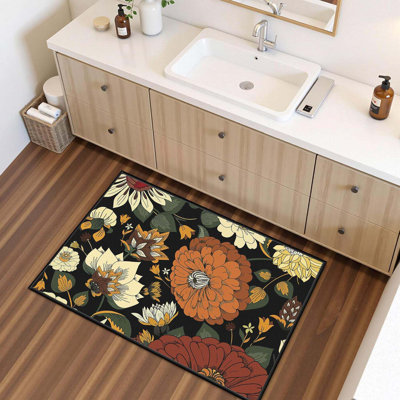 Black Boho Floral Rug 2x3 Ft  , Washable Ultra-Thin Look Botanical Area Rug, Low Pile Non Slip Indoor Rug