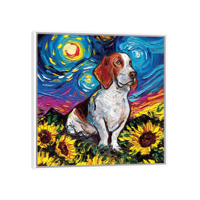 Reproduction d’art « Basset Hound Night II » par aja Trèves, Toile blanche encadrée, Pas de tapis